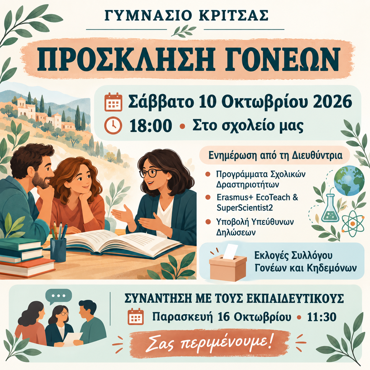 Πρόσκληση γονέων στο Γυμνάσιο Κριτσάς